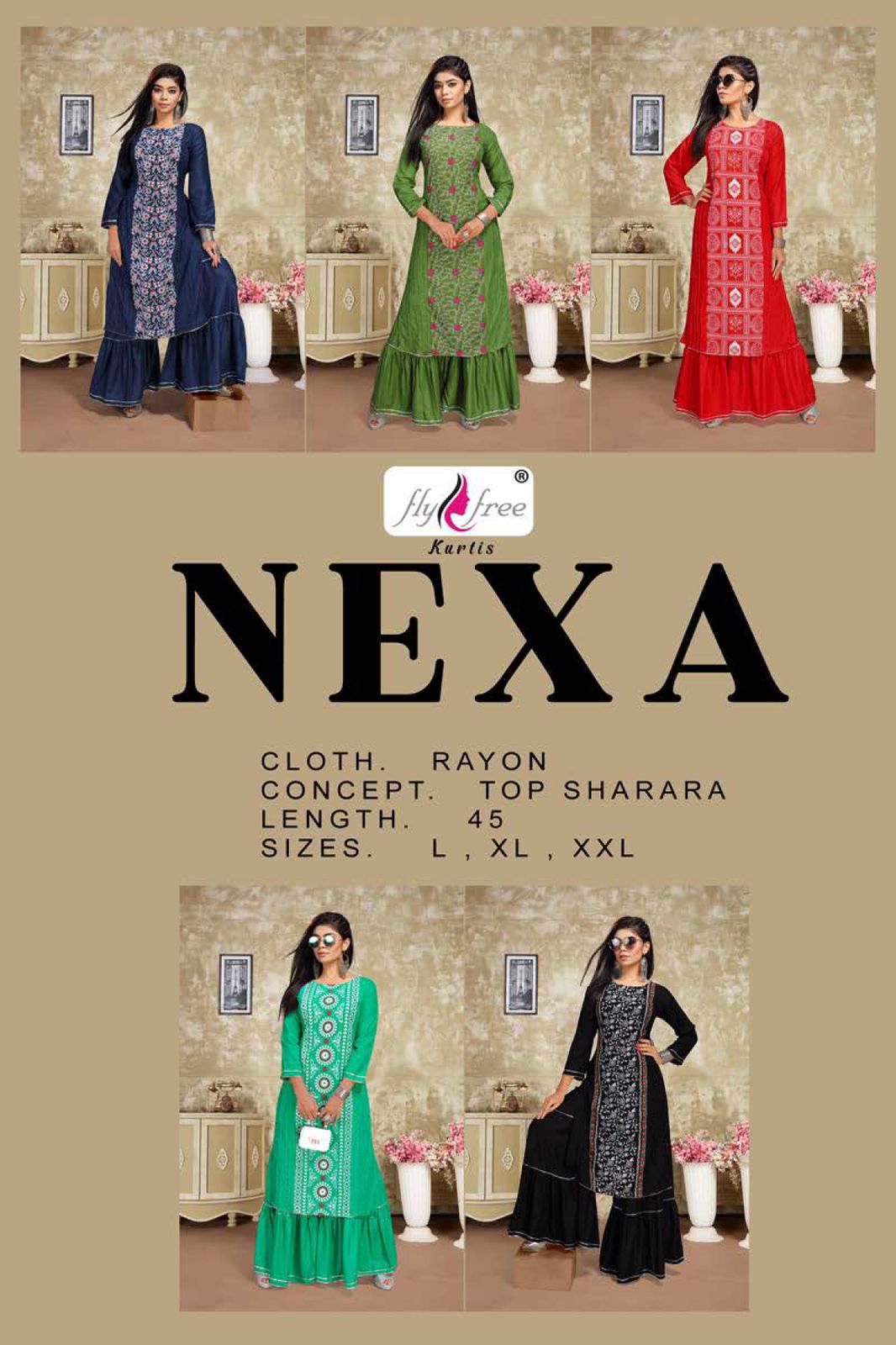 Fly Free Nexa Fancy Festive Wear Rayon Printed Kurti With Sharara Collection